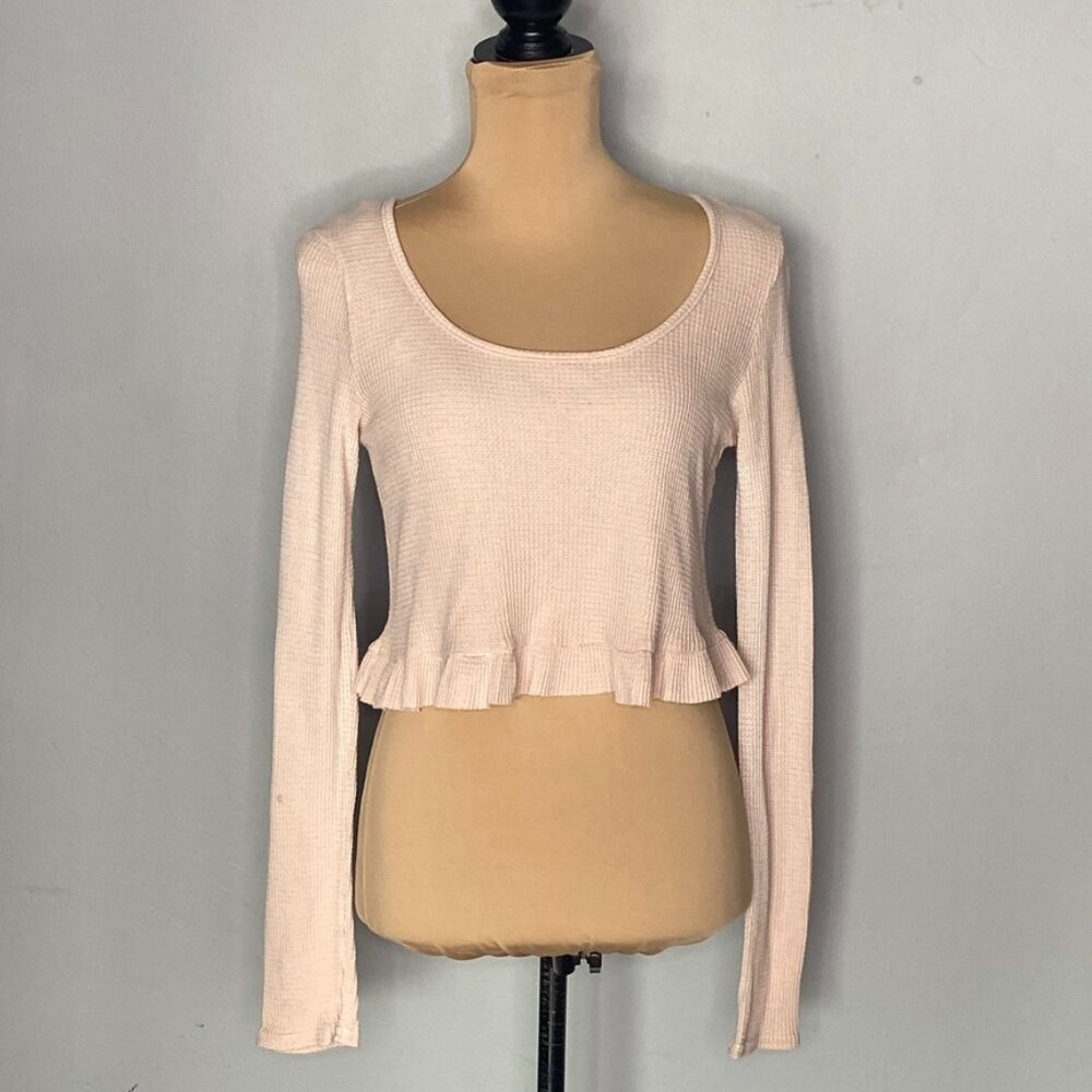 We The Free Free People Women's Crop Top Waffle Hem Ruffle Long Sleeve Small